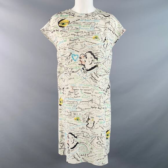 MAISON MARGIELA Size 2 White Multi Color Silk Graffiti Midi Box Dress - Picture 1 of 8